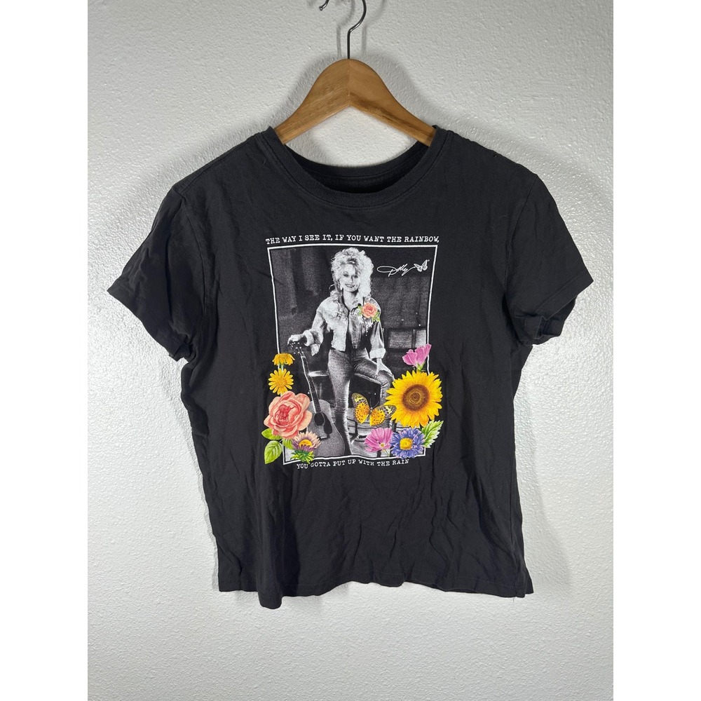 Dolly Parton T-Shirt Womens S Black Rainbow Quote Graphic Floral Butterfly Tee